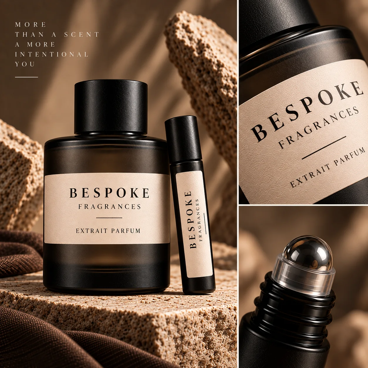 Bespoke Fragrances extrait bottle and travel roll on, with label and rollerball details